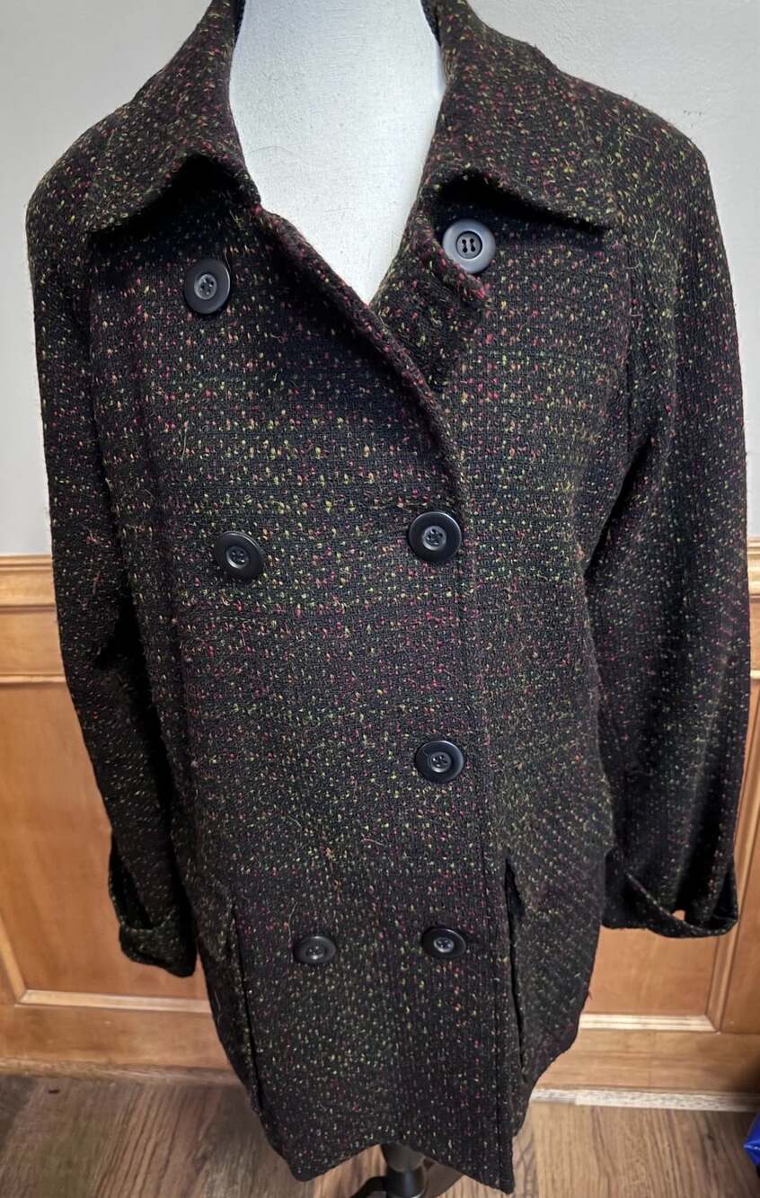 Women’s Size 12 Black Multicolor Fleck Double Breasted Wool Blend Jacket